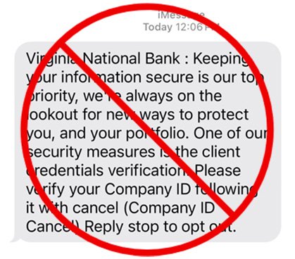 VNB Fraudulent Text Message Example