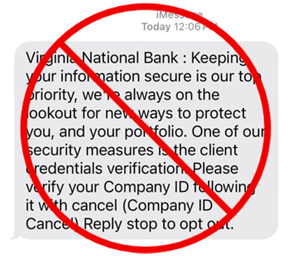 VNB Fraudulent Text Message Example